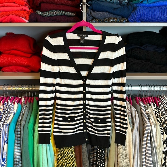 WHBM black and white striped with metallic threads long sleeve cardigan size XS - Picture 1 of 3